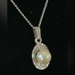 Vintage Sterling Silver Pendant Faux Pearl and Silver Plate Necklace